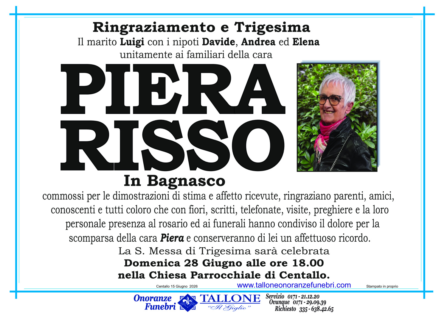 <br />
<b>Warning</b>:  Undefined variable $info in <b>/home/tallone/public_html/ringraziamenti.php</b> on line <b>68</b><br />
Pieranna Risso